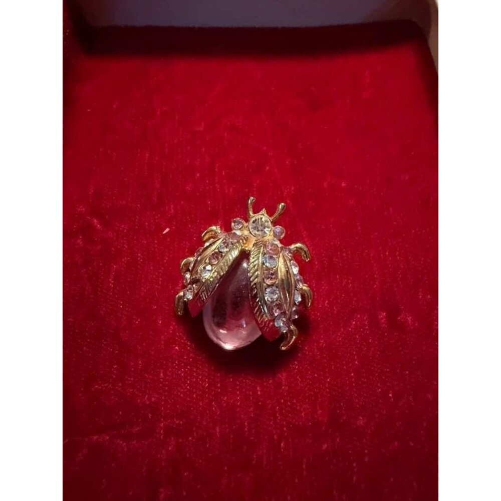 Vintage Pink Rhinestone Jelly Belly Beetle Brooch Pin Gold Tone